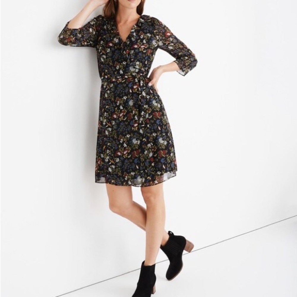 Madewell Black Floral Long Sleeve Dress
